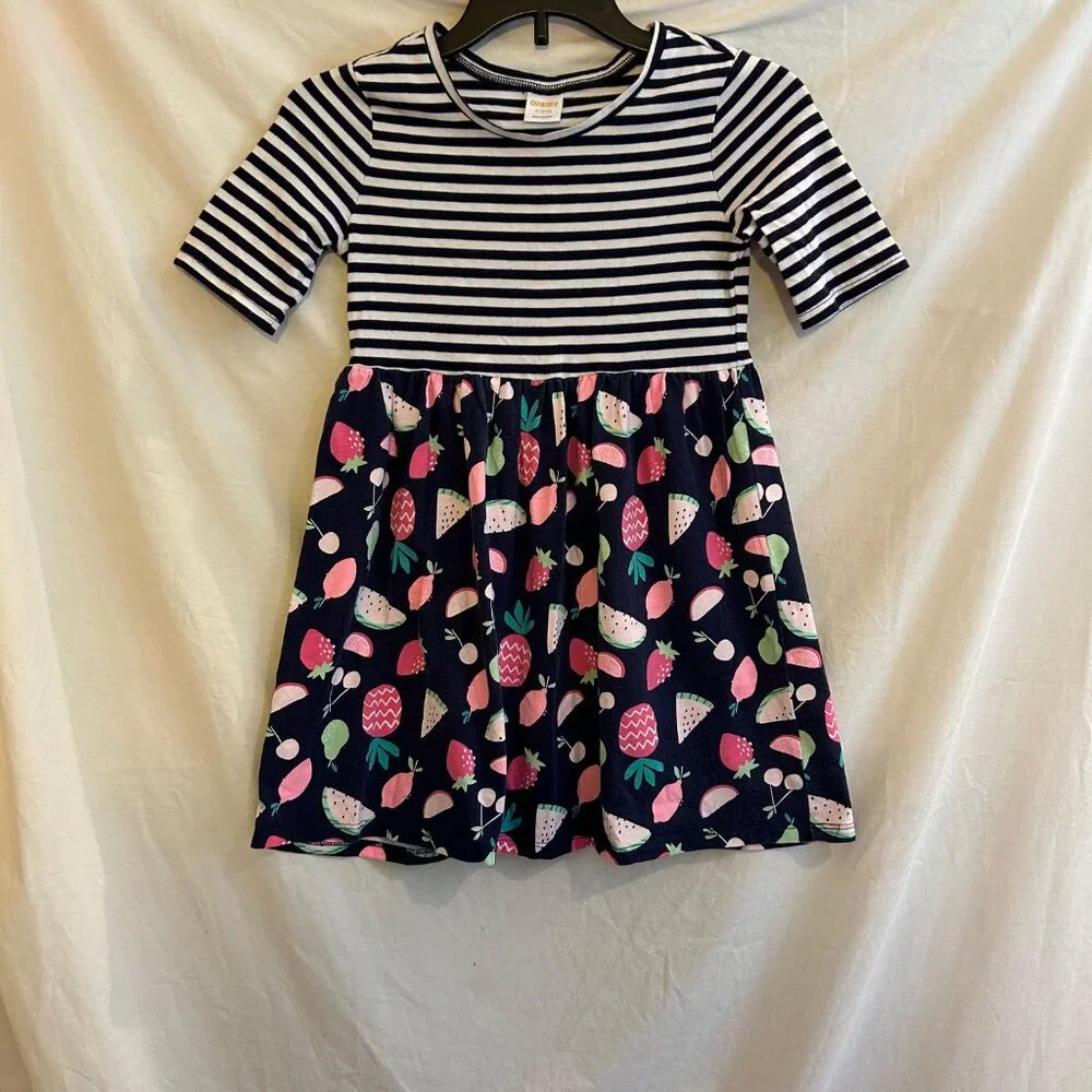 Gymboree Girls Small 5/6 Short Sleeve Blue Striped Fruit Salad Skater Dress